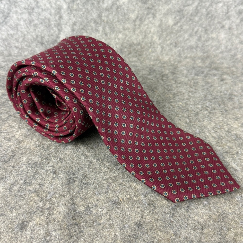 Dooney & Bourke Mens Silk Tie Burgundy Geometric Medallion Hand Printed Vintage